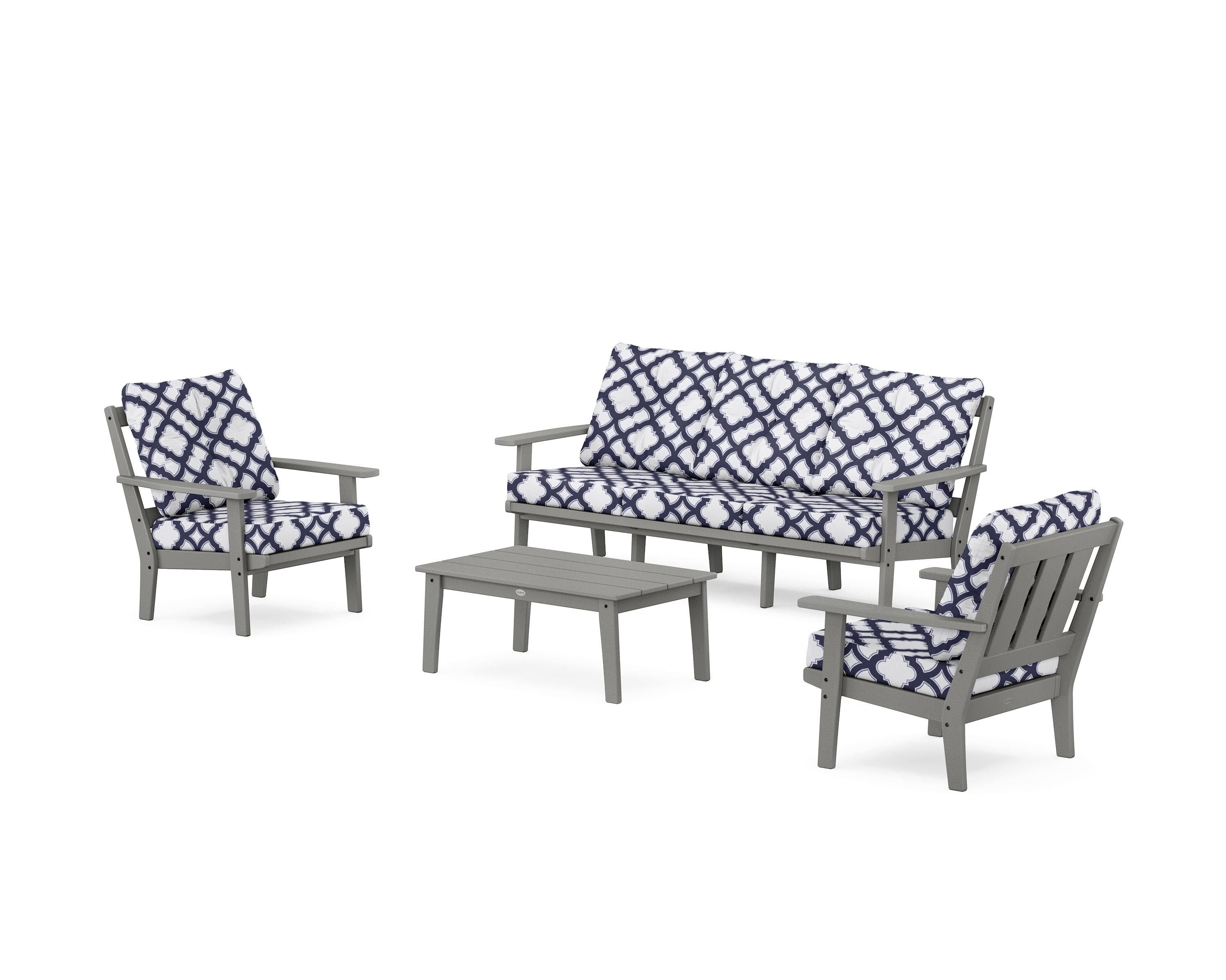 POLYWOOD® Oxford 4-Piece Deep Seating Set with Sofa in Slate Grey / Trellis Navy