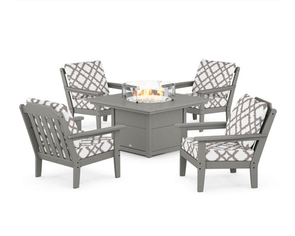 Country Living Cottage 5-Piece Deep Seating Set with Fire Pit Table in Slate Grey / Trellis Grey Mist
