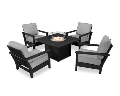 POLYWOOD® Harbour 5-Piece Conversation Set with Fire Pit Table in Black / Granite