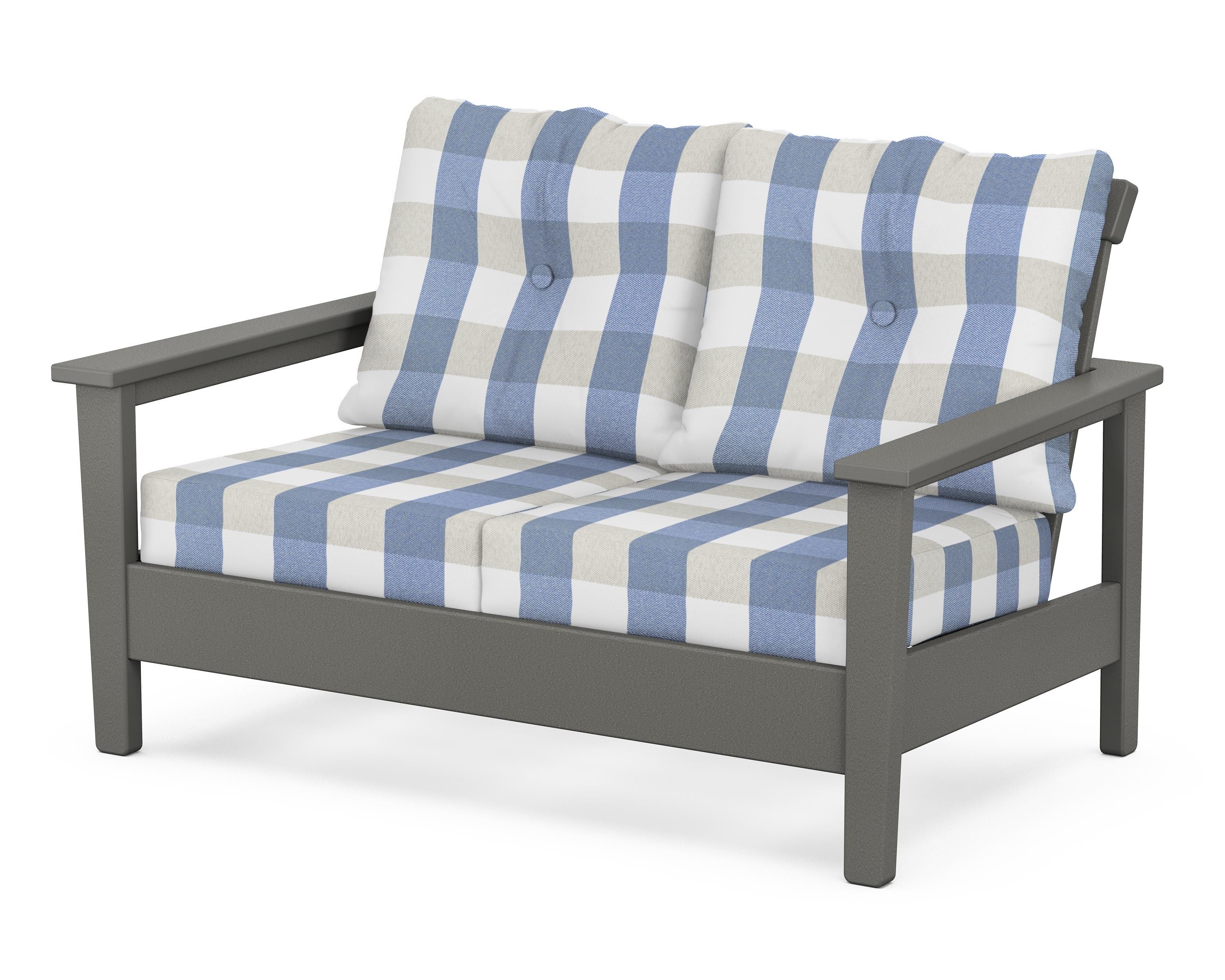 POLYWOOD® Prescott Deep Seating Loveseat in Slate Grey / Buffalo Plaid Sky Blue