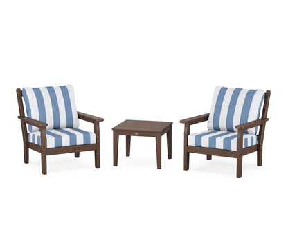 POLYWOOD® Chippendale 3-Piece Deep Seating Set in Mahogany / Cabana Stripe Sky Blue
