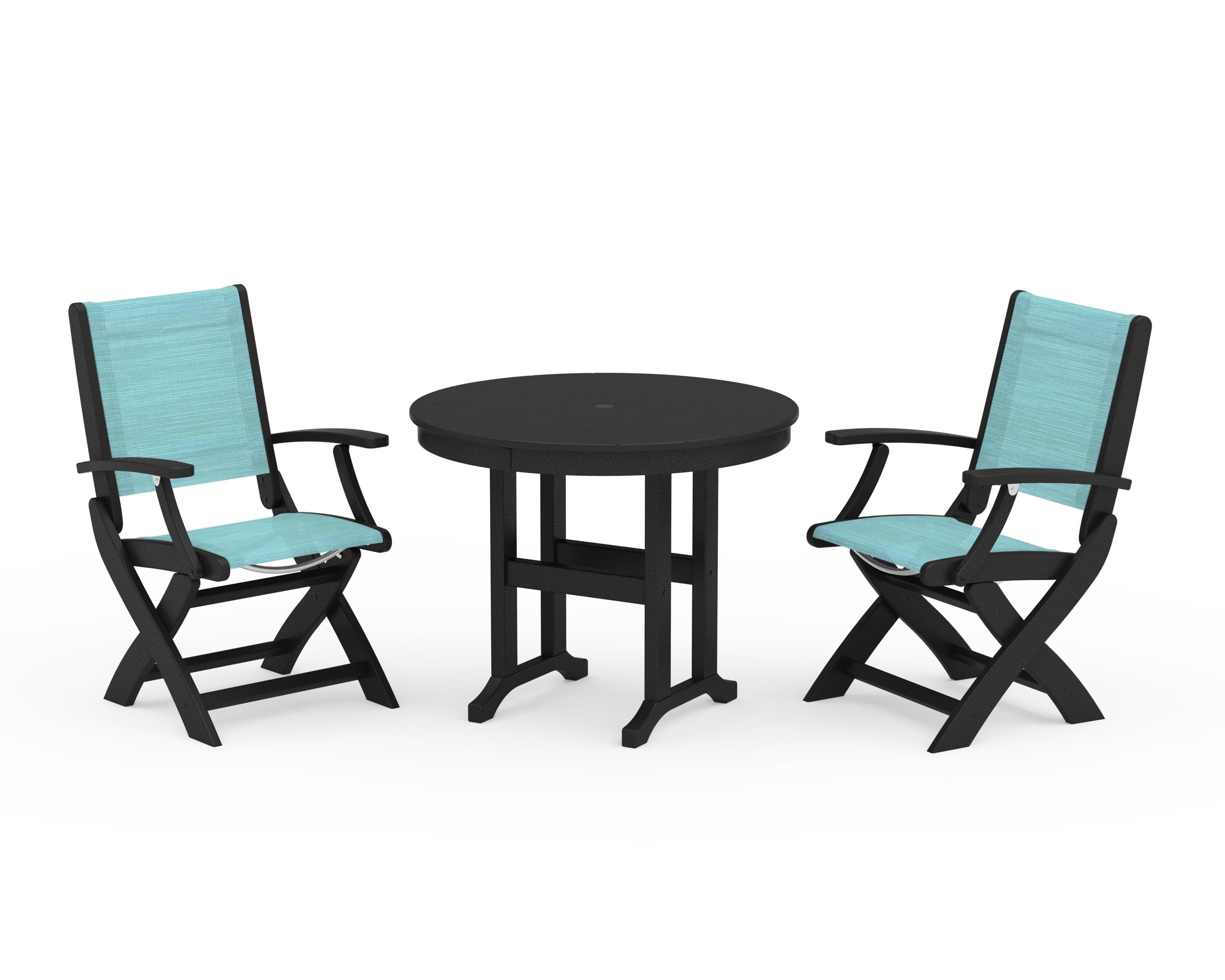 POLYWOOD® Coastal Folding Chair 3-Piece Round Dining Set in Black / Dupioni Aquamarine Sling