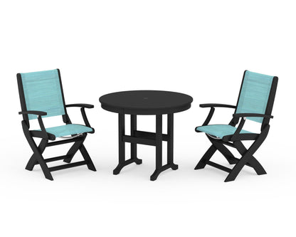 POLYWOOD® Coastal Folding Chair 3-Piece Round Dining Set in Black / Dupioni Aquamarine Sling
