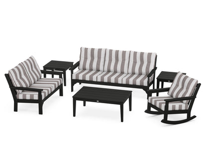 POLYWOOD® Vineyard 6-Piece Deep Seating Set in Black / Cabana Stripe Grey Mist