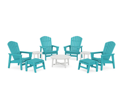 POLYWOOD® Nautical Grand Upright Adirondack 9-Piece Conversation Set in Aruba / White