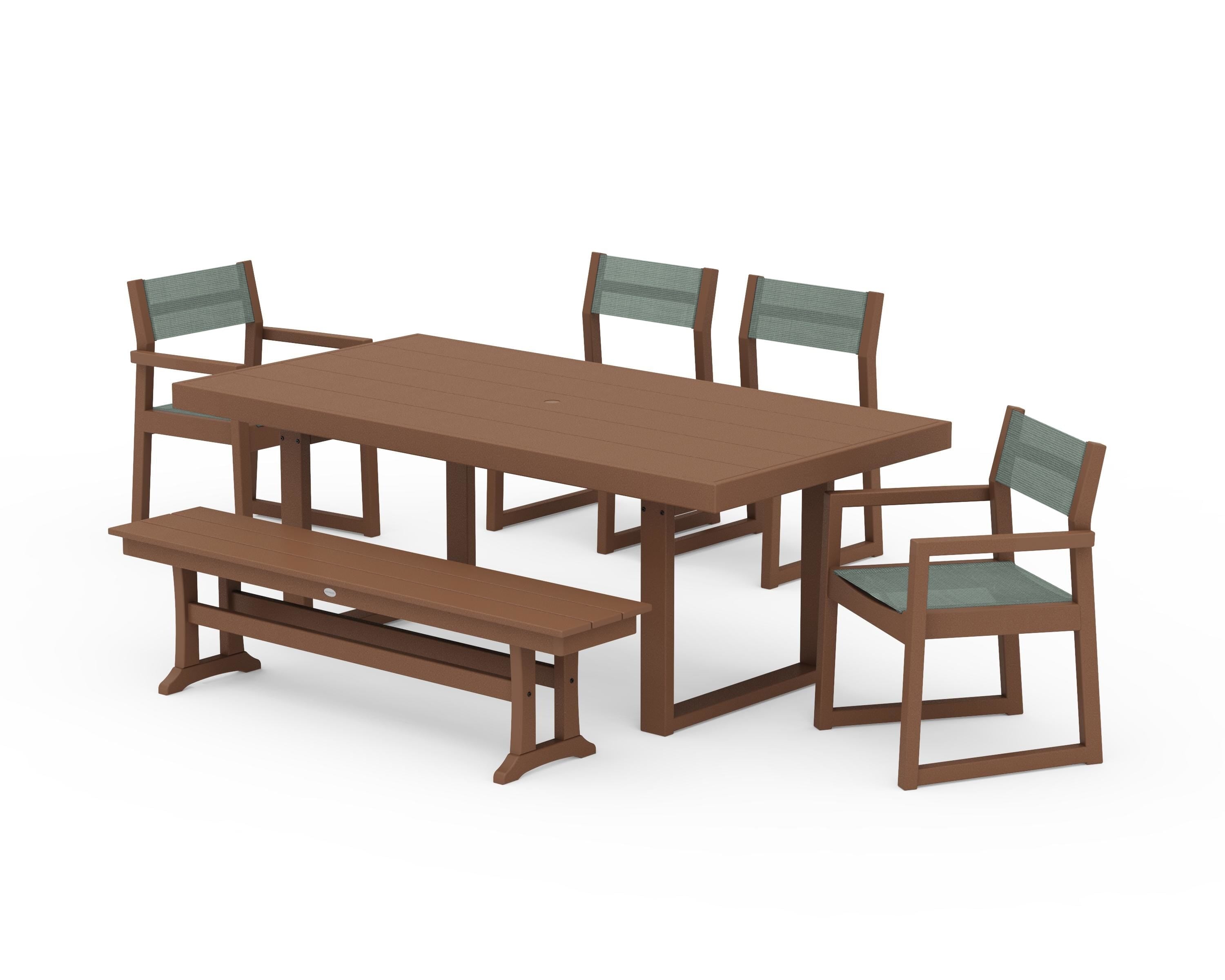 POLYWOOD® EDGE Sling 6-Piece Dining Set with Bench in Teak / Dupioni Sea Mist Sling