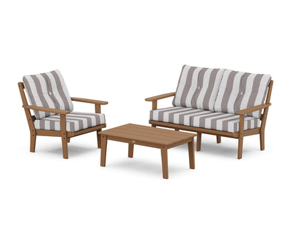 POLYWOOD® Prairie 3-Piece Deep Seating Set with Loveseat in Teak / Cabana Stripe Grey Mist
