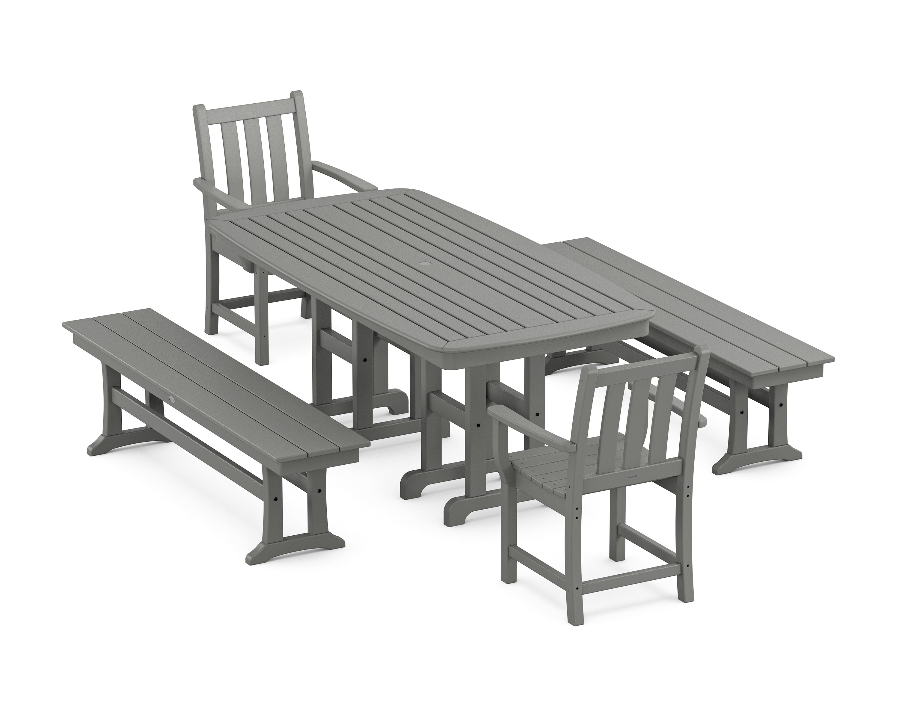 POLYWOOD® Traditional Garden 5-Piece Dining Set with Benches in Slate Grey
