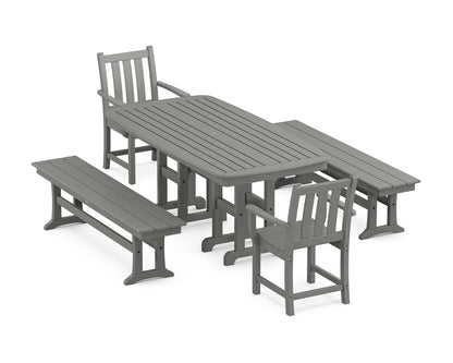 POLYWOOD® Traditional Garden 5-Piece Dining Set with Benches in Slate Grey