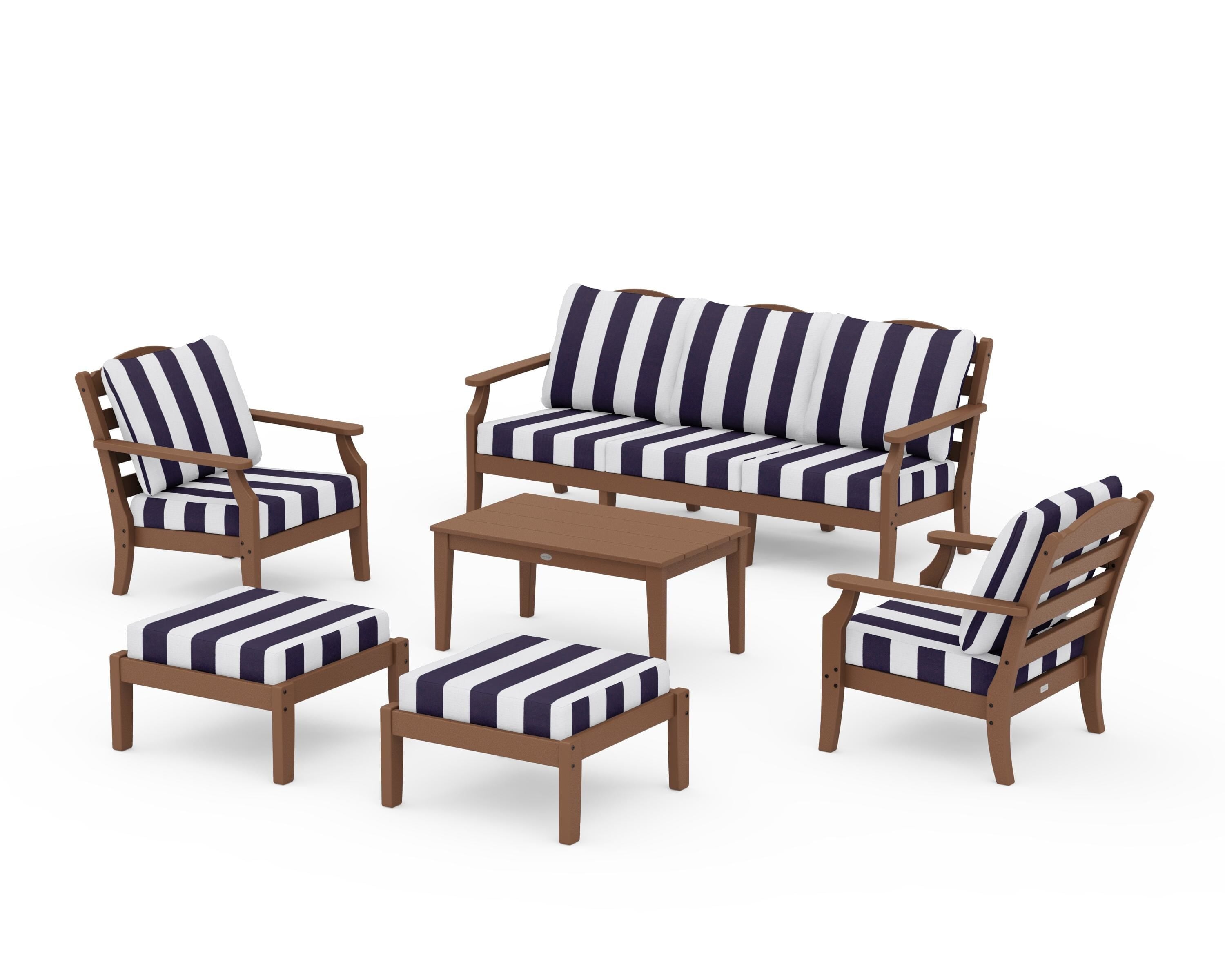Draper James™ by  POLYWOOD® Savannah 6-Piece Lounge Sofa Set in Teak / Cabana Stripe Navy