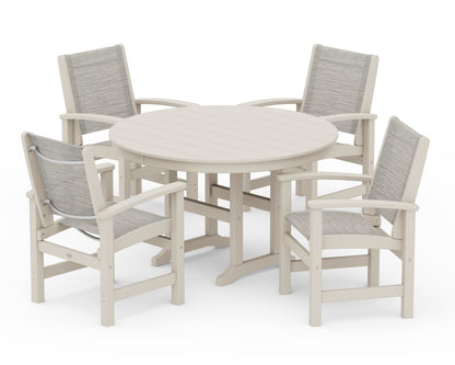 POLYWOOD® Coastal 5-Piece Round Farmhouse Dining Set in Sand / Birch Sling