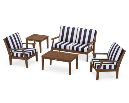 POLYWOOD® Braxton 5-Piece Deep Seating Set in Teak / Cabana Stripe Navy
