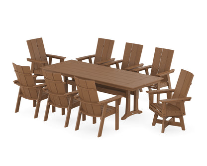 POLYWOOD® Modern Curveback Adirondack Swivel 9-Piece Farmhouse Dining Set with Trestle Legs in Teak