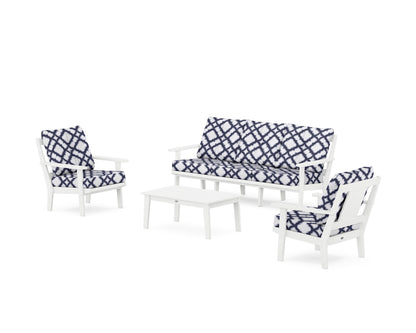 POLYWOOD® Prairie 4-Piece Deep Seating Set with Sofa in White / Trellis Navy