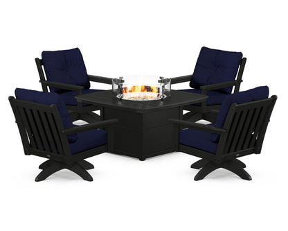 POLYWOOD® Vineyard 5-Piece Deep Seating Swivel Conversation Set with Fire Pit Table in Black / Navy