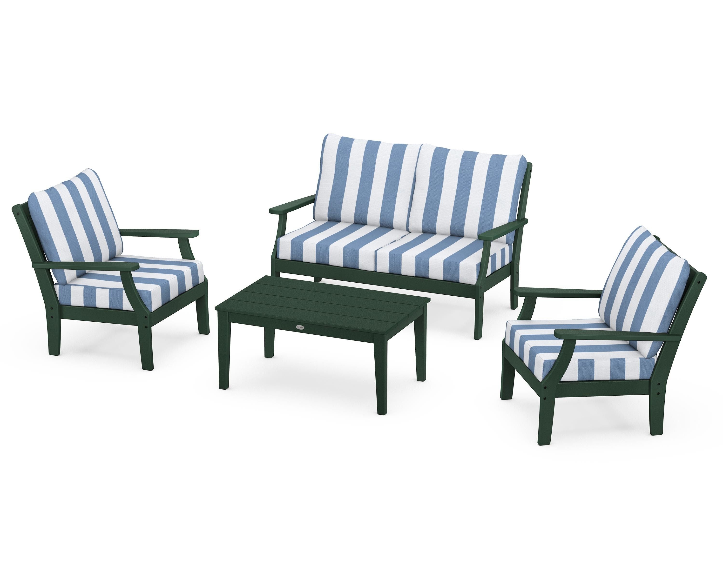 POLYWOOD® Braxton 4-Piece Deep Seating Chair Set in Green / Cabana Stripe Sky Blue