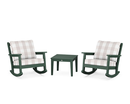 POLYWOOD® Chippendale 3-Piece Deep Seating Rocker Set in Green / Buffalo Plaid Dune Burlap