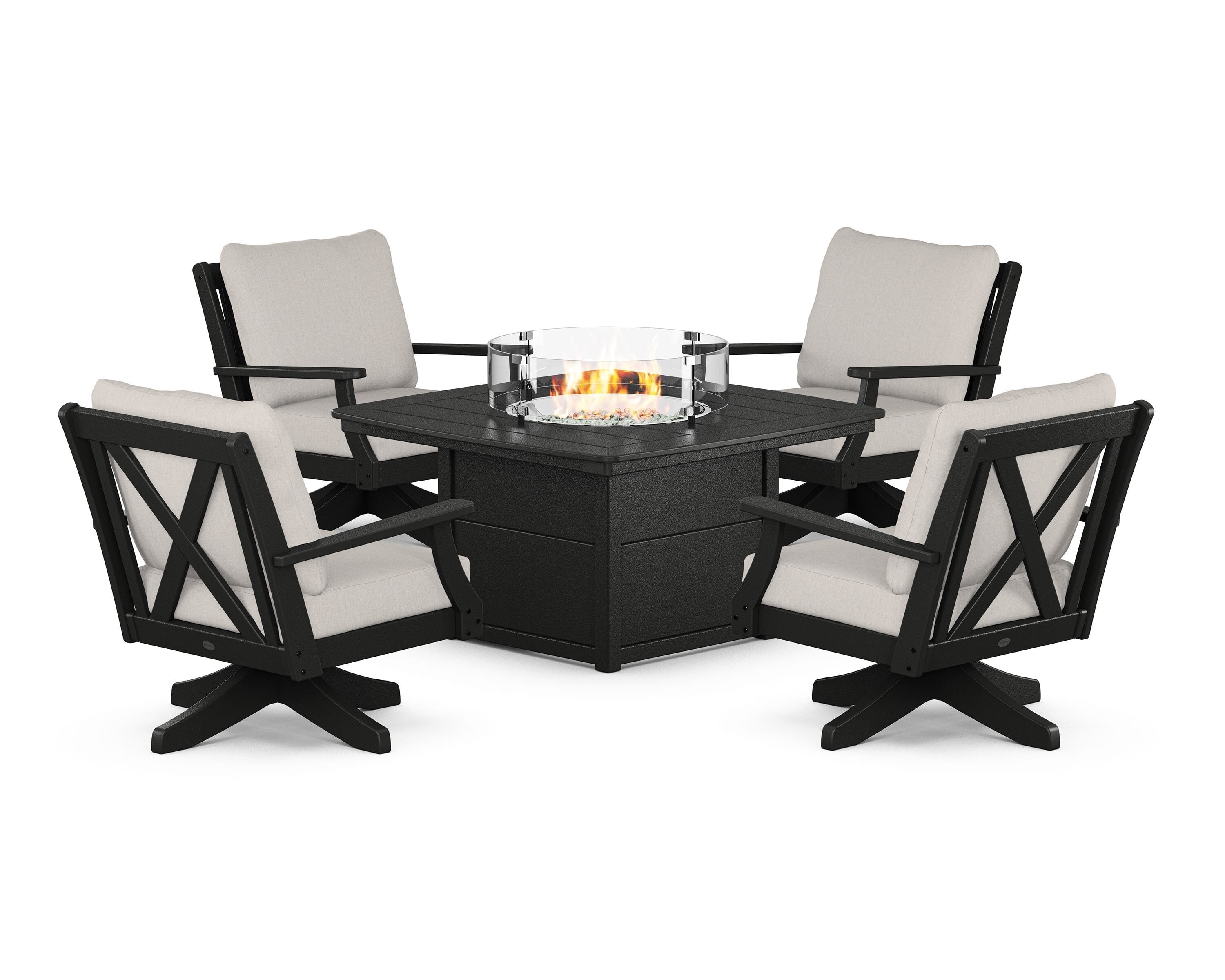 POLYWOOD® Braxton 5-Piece Deep Seating Swivel Conversation Set with Fire Pit Table in Black / Cast Ash