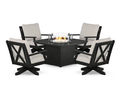 POLYWOOD® Braxton 5-Piece Deep Seating Swivel Conversation Set with Fire Pit Table in Black / Cast Ash