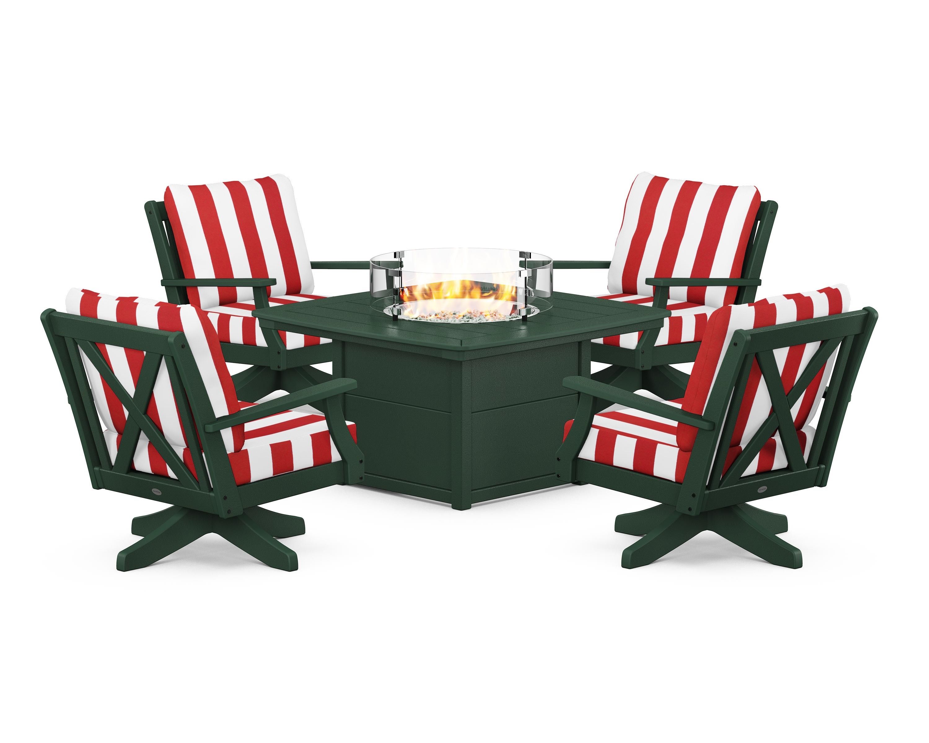 POLYWOOD® Braxton 5-Piece Deep Seating Swivel Conversation Set with Fire Pit Table in Green / Cabana Stripe Crimson