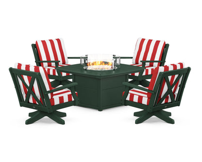 POLYWOOD® Braxton 5-Piece Deep Seating Swivel Conversation Set with Fire Pit Table in Green / Cabana Stripe Crimson