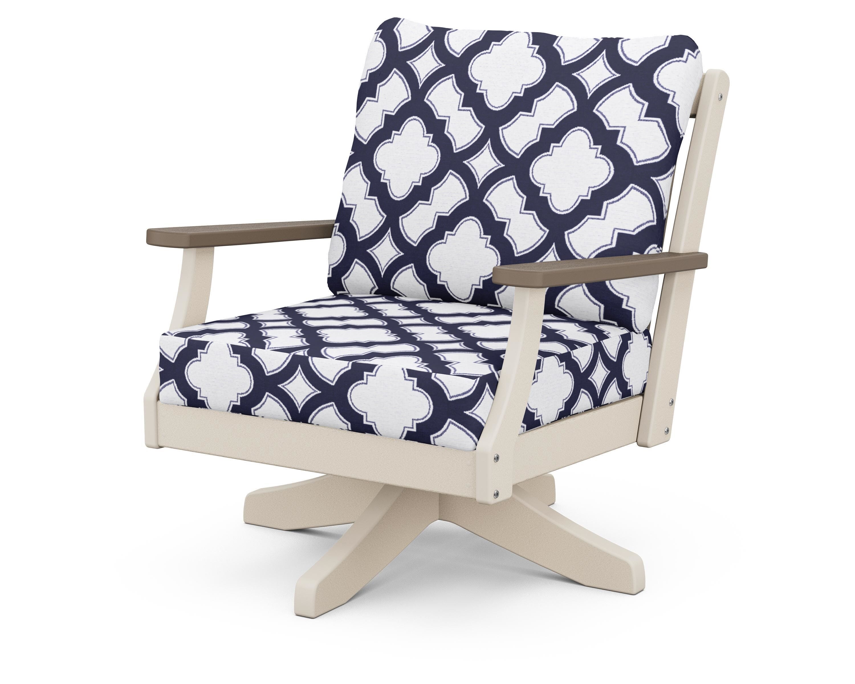 POLYWOOD® Braxton Deep Seating Swivel Chair in Sand / Kona / Trellis Navy