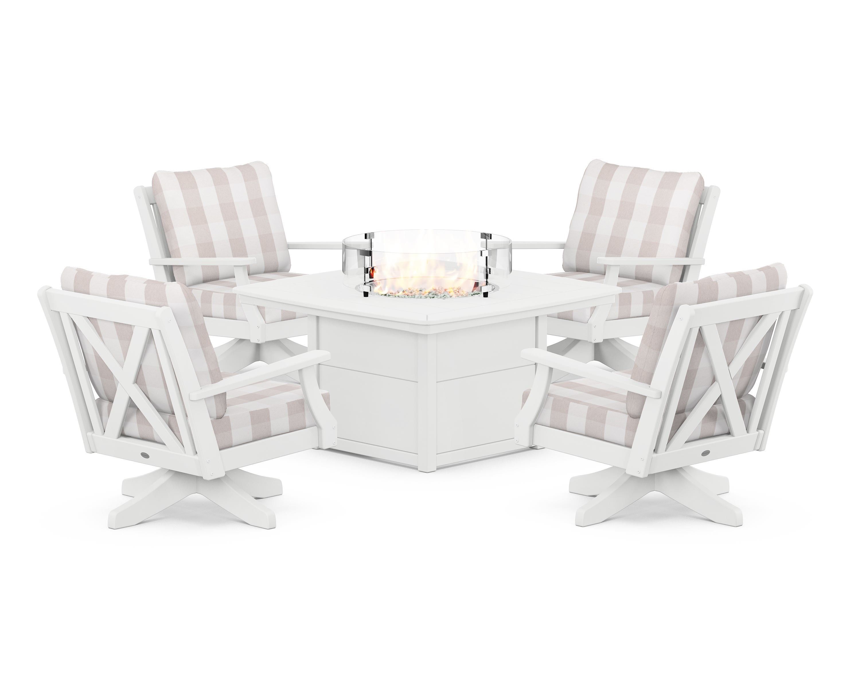 POLYWOOD® Braxton 5-Piece Deep Seating Swivel Conversation Set with Fire Pit Table in White / Buffalo Plaid Dune Burlap