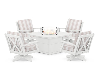 POLYWOOD® Braxton 5-Piece Deep Seating Swivel Conversation Set with Fire Pit Table in White / Buffalo Plaid Dune Burlap