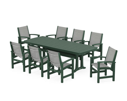 POLYWOOD® Coastal 9-Piece Dining Set with Trestle Legs in Green / Metallic Sling