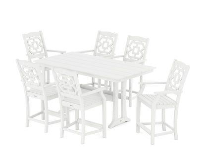 Martha Stewart by POLYWOOD® Chinoiserie Arm Chair 7-Piece Farmhouse Counter Set with Trestle Legs in White