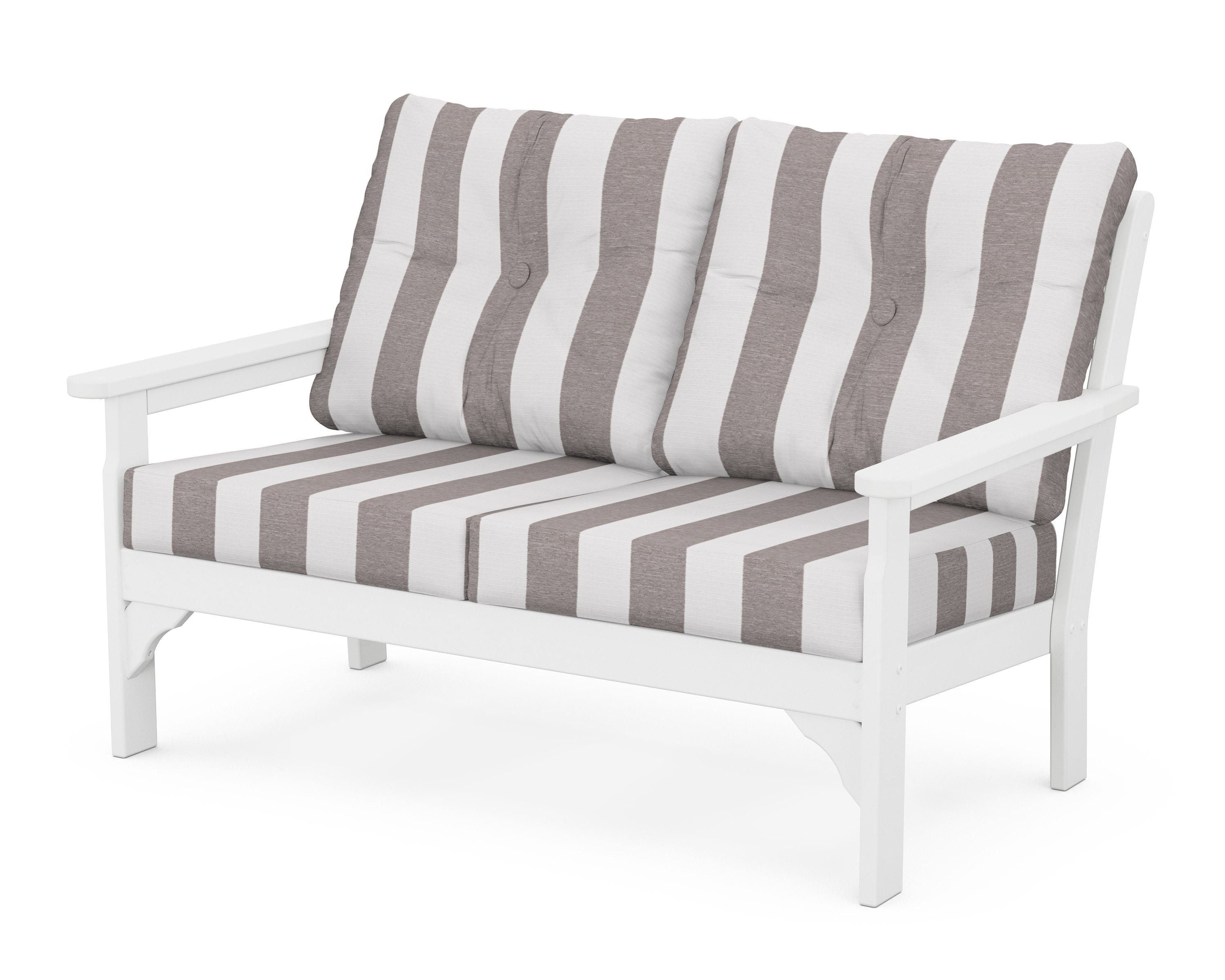 POLYWOOD® Vineyard Deep Seating Loveseat in White / Cabana Stripe Grey Mist
