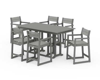 POLYWOOD® EDGE Sling Arm Chair 7-Piece Farmhouse Counter Set in Slate Grey / Metallic Sling