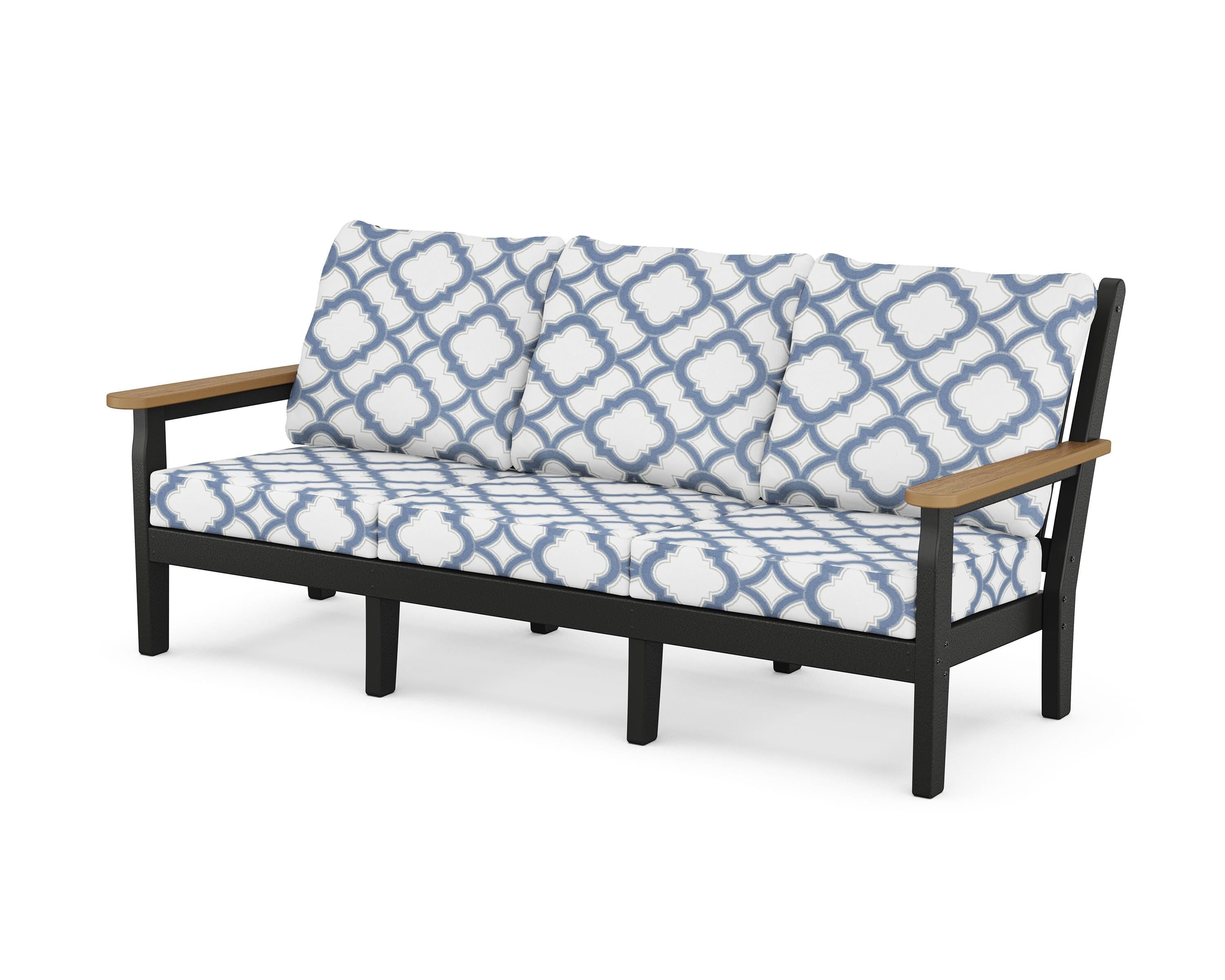 POLYWOOD® Chippendale Deep Seating Sofa in Black / Natural / Trellis Sky Blue