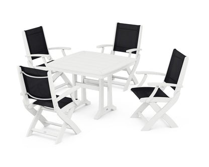 POLYWOOD® Coastal Folding Chair 5-Piece Dining Set with Trestle Legs in White / Black Sling