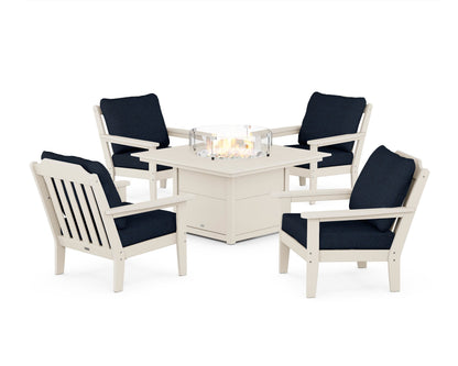 Country Living Cottage 5-Piece Deep Seating Set with Fire Pit Table in Sand / Marine Indigo