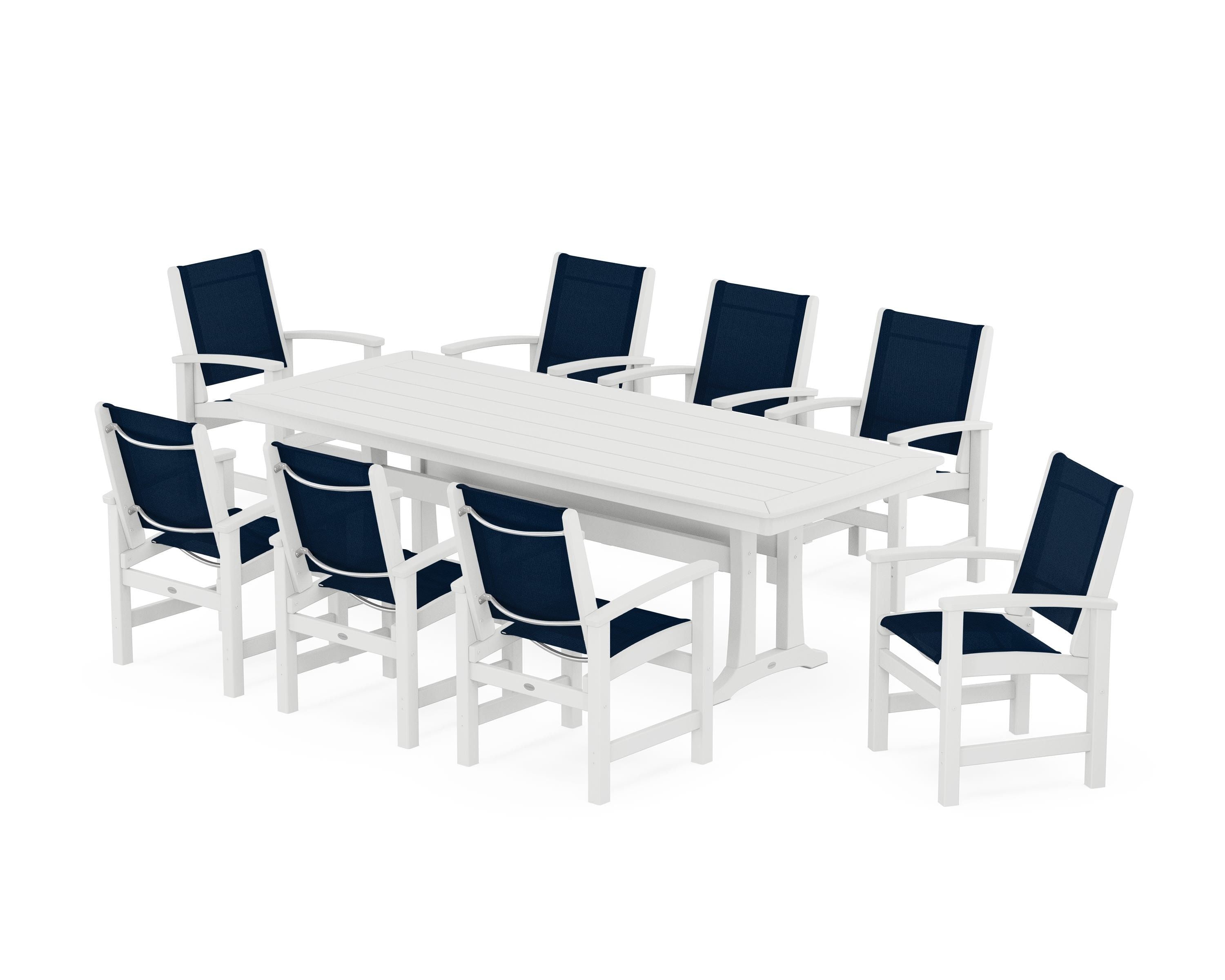 POLYWOOD® Coastal 9-Piece Dining Set with Trestle Legs in White / Navy Blue Sling