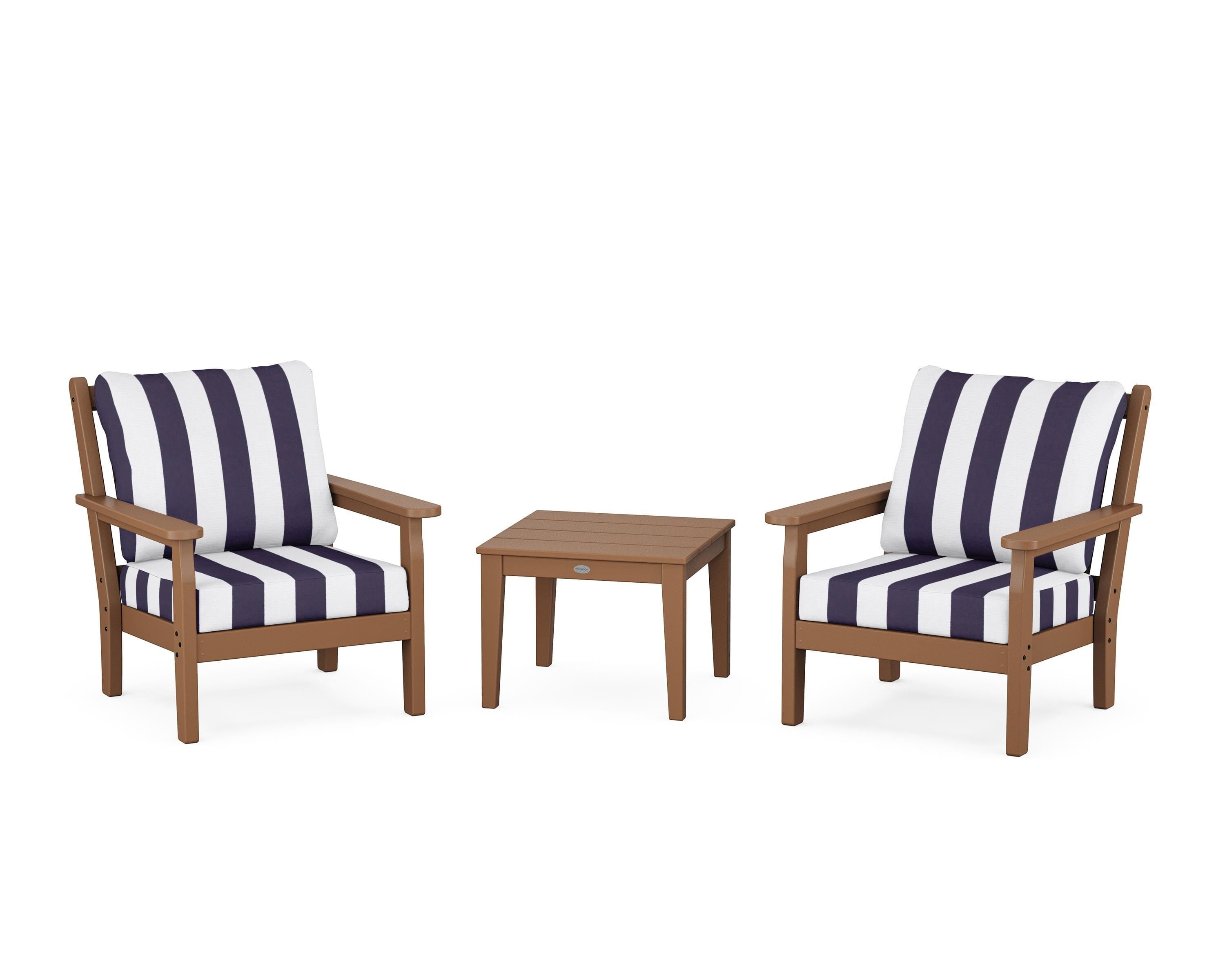 POLYWOOD® Chippendale 3-Piece Deep Seating Set in Teak / Cabana Stripe Navy