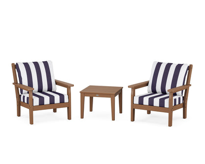 POLYWOOD® Chippendale 3-Piece Deep Seating Set in Teak / Cabana Stripe Navy