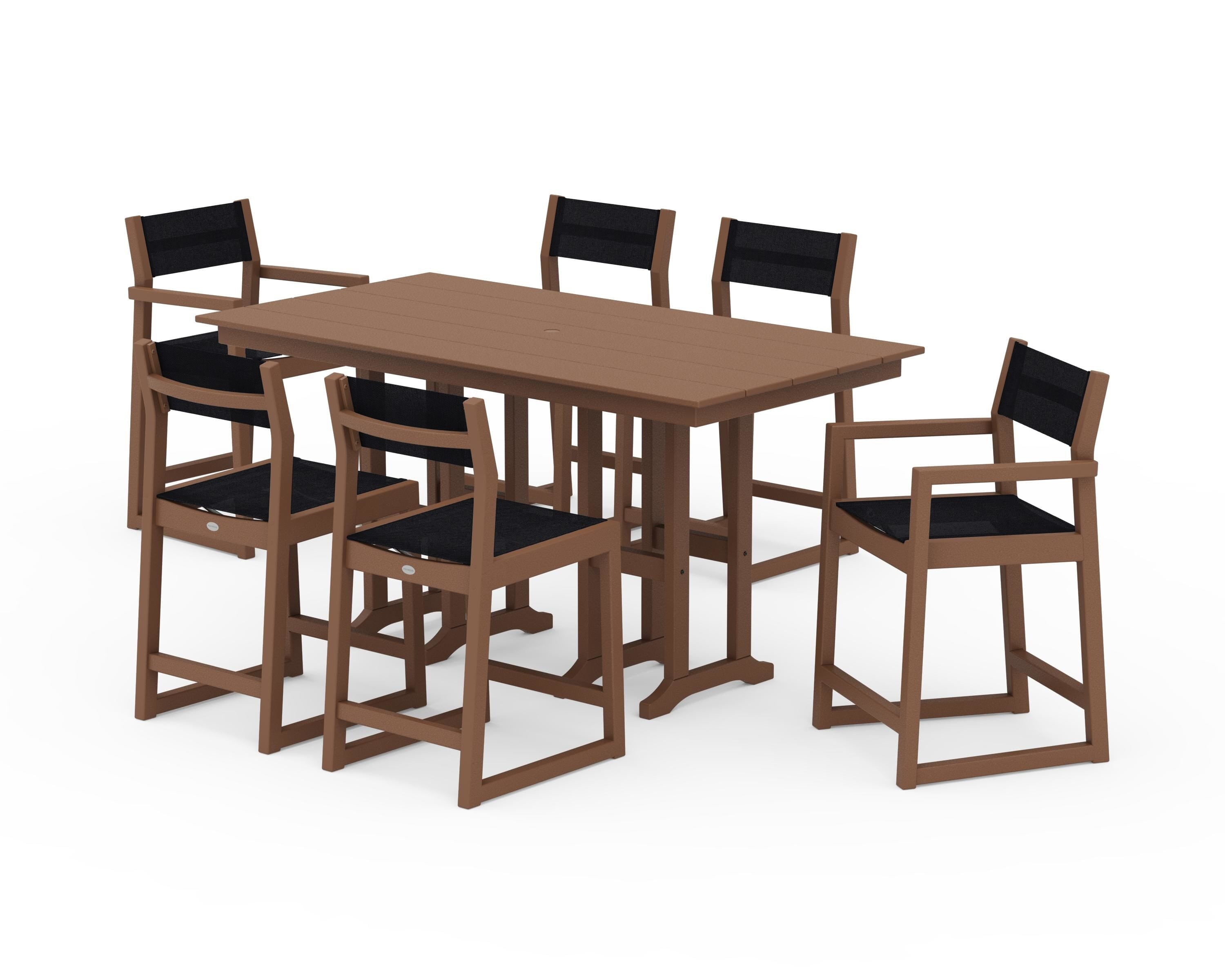 POLYWOOD® EDGE Sling 7-Piece Farmhouse Counter Set with Trestle Legs in Teak / Black Sling