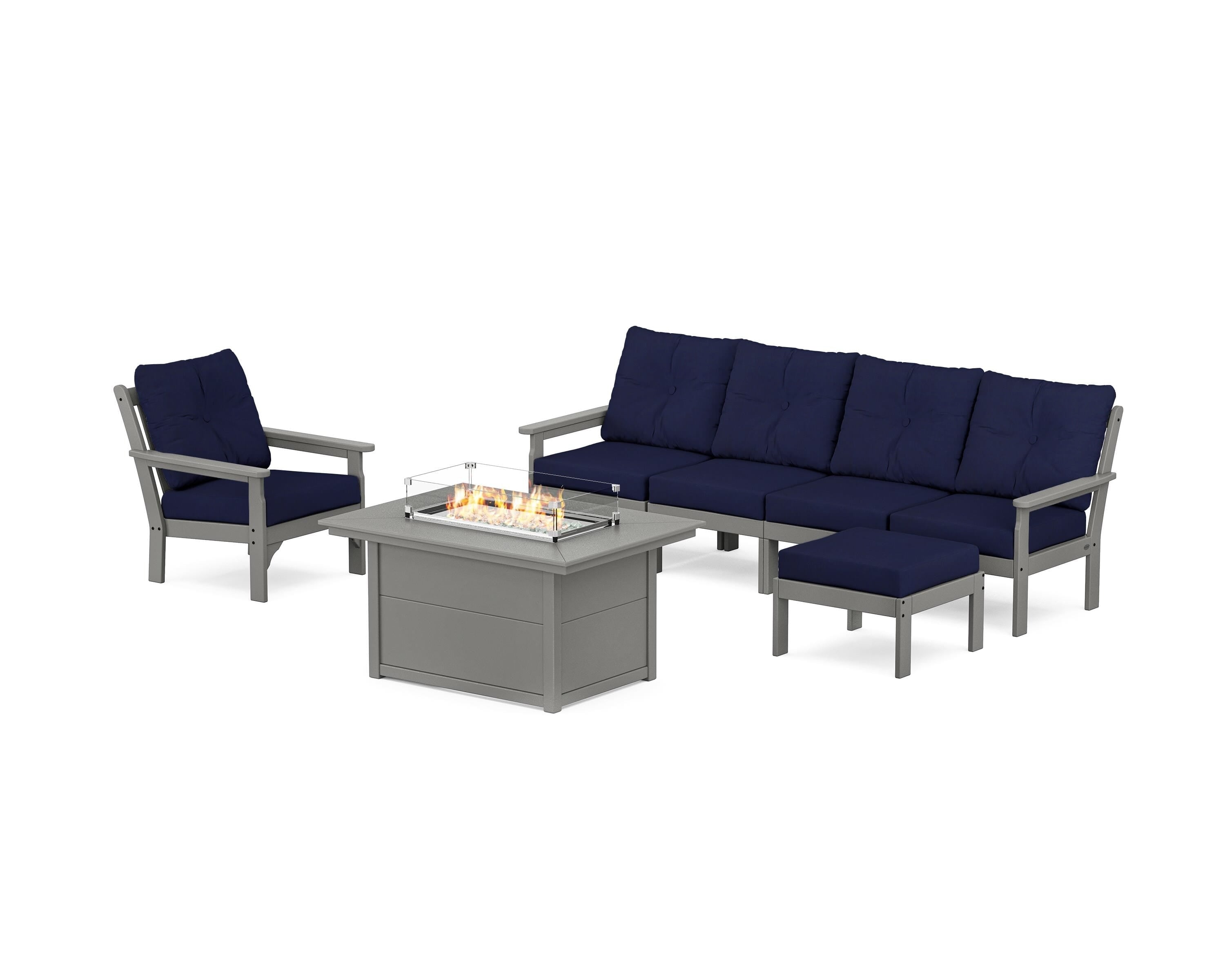 POLYWOOD® Vineyard Sectional Lounge and Fire Pit Set in Slate Grey / Navy