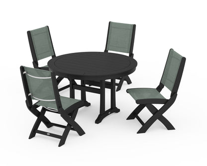 POLYWOOD® Coastal Folding Side Chair 5-Piece Round Dining Set With Trestle Legs in Black / Dupioni Sea Mist Sling