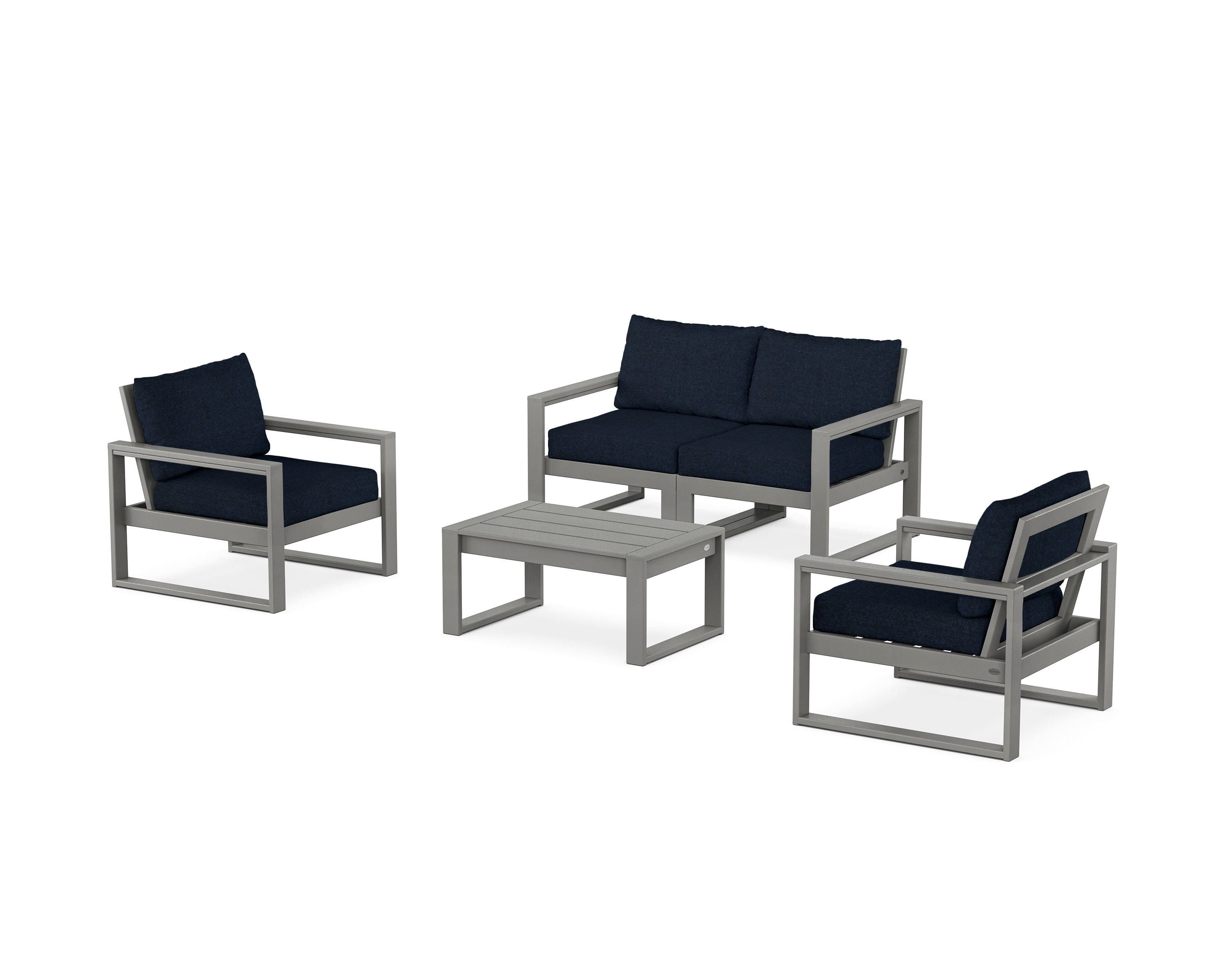 POLYWOOD® EDGE Sectional 4-Piece Deep Seating Set with Loveseat in Slate Grey / Marine Indigo
