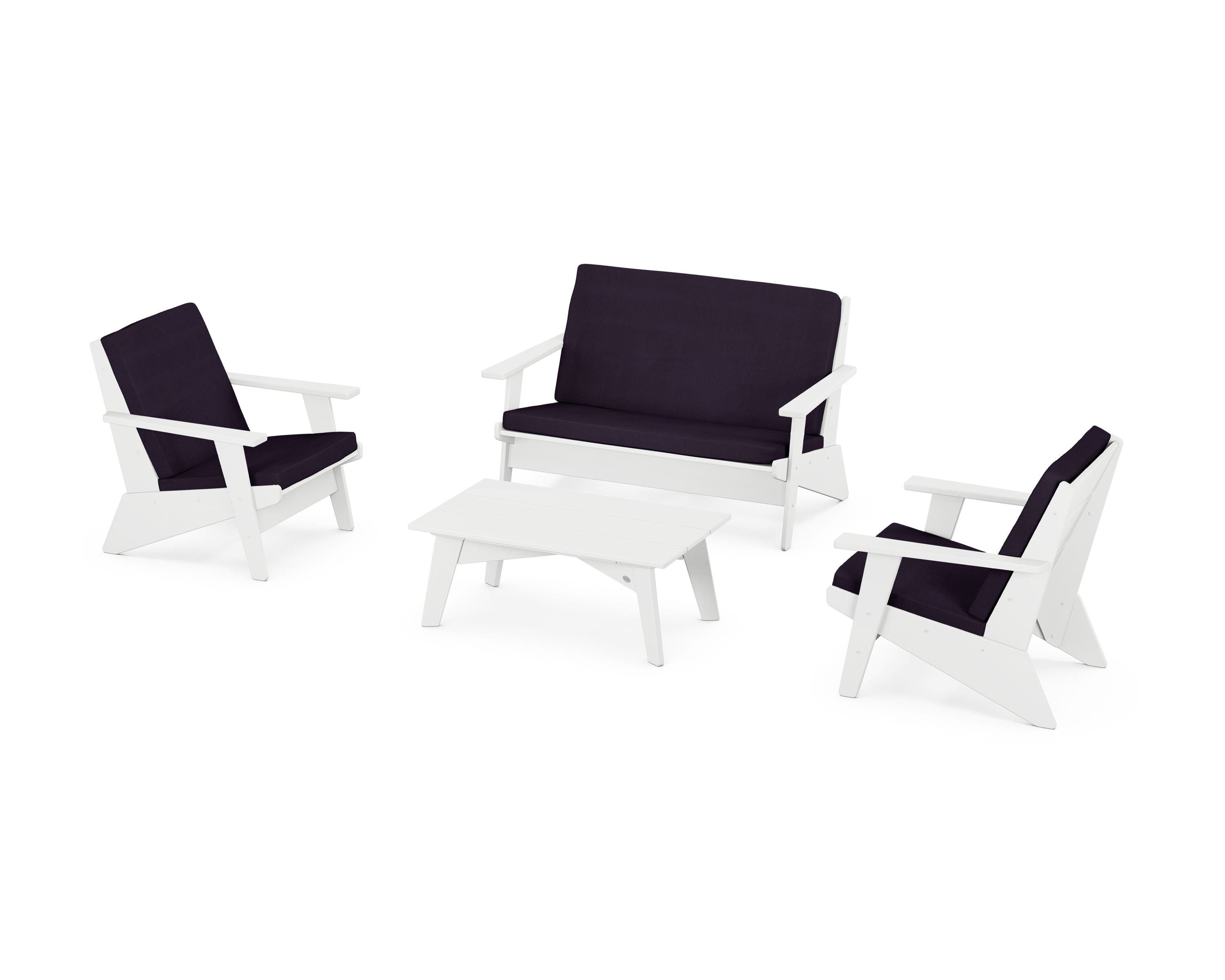 POLYWOOD® Riviera Modern Lounge 4-Piece Set in White / Navy Linen
