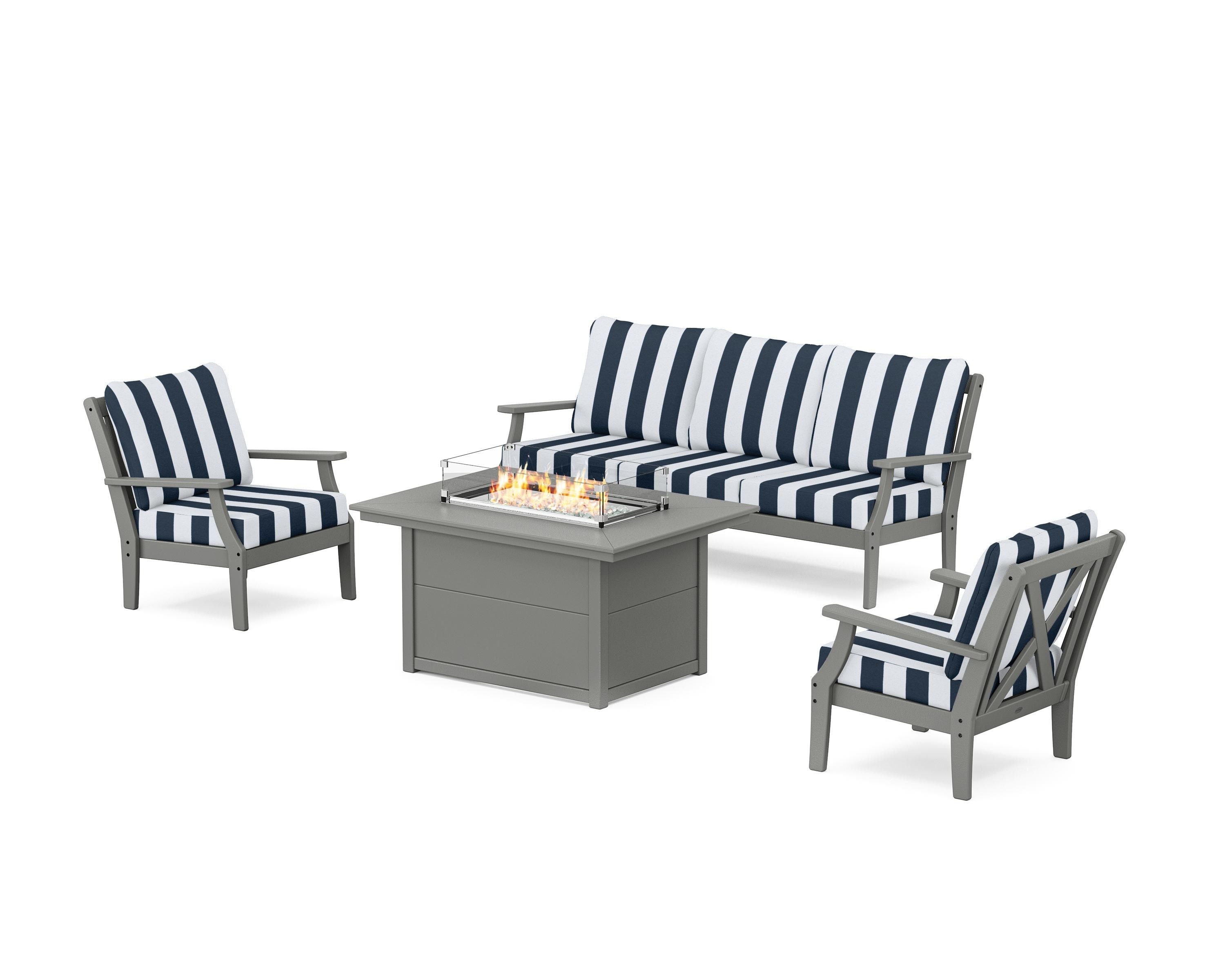 POLYWOOD® Braxton Deep Seating Fire Pit Table Set in Slate Grey / Cabana Stripe Marine Indigo
