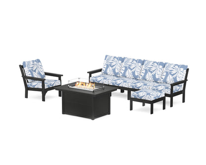 POLYWOOD® Vineyard Sectional Lounge and Fire Pit Set in Black / Leaf Sky Blue