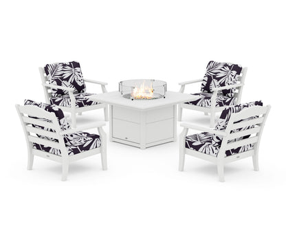 Draper James™ by  POLYWOOD® Savannah 5-Piece Deep Seating Set with Fire Pit Table in White / Leaf Navy