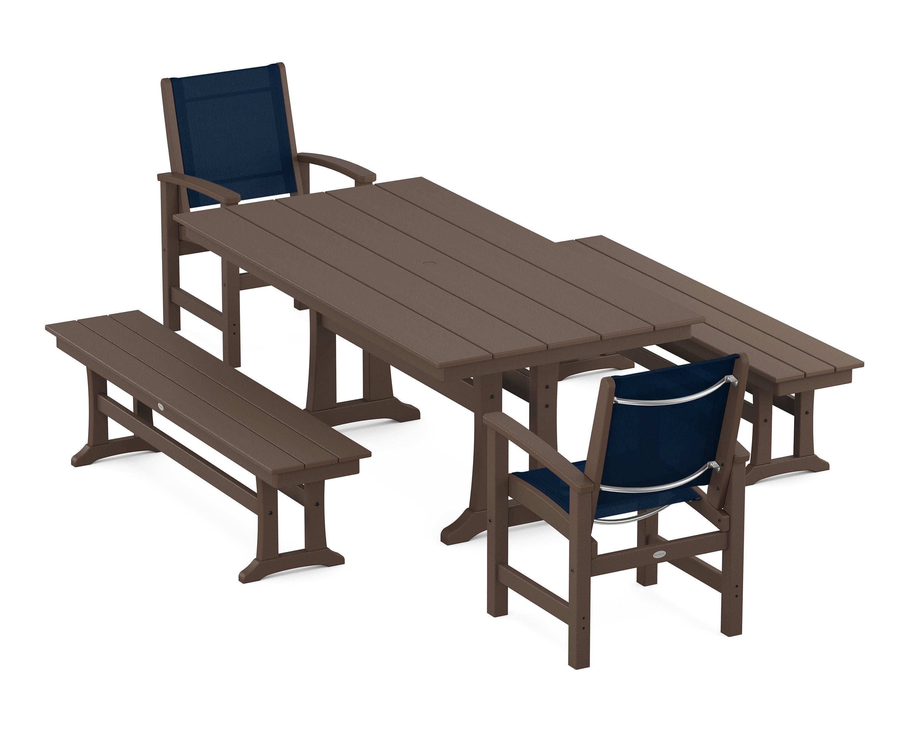 POLYWOOD® Coastal 5-Piece Farmhouse Dining Set with Trestle Legs and Benches in Mahogany / Navy Blue Sling