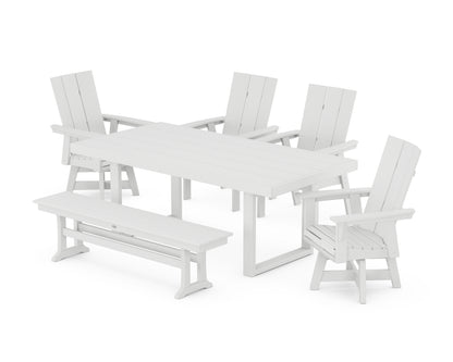 POLYWOOD® Modern Curveback Adirondack Swivel Chair 6-Piece Dining Set with Bench in White