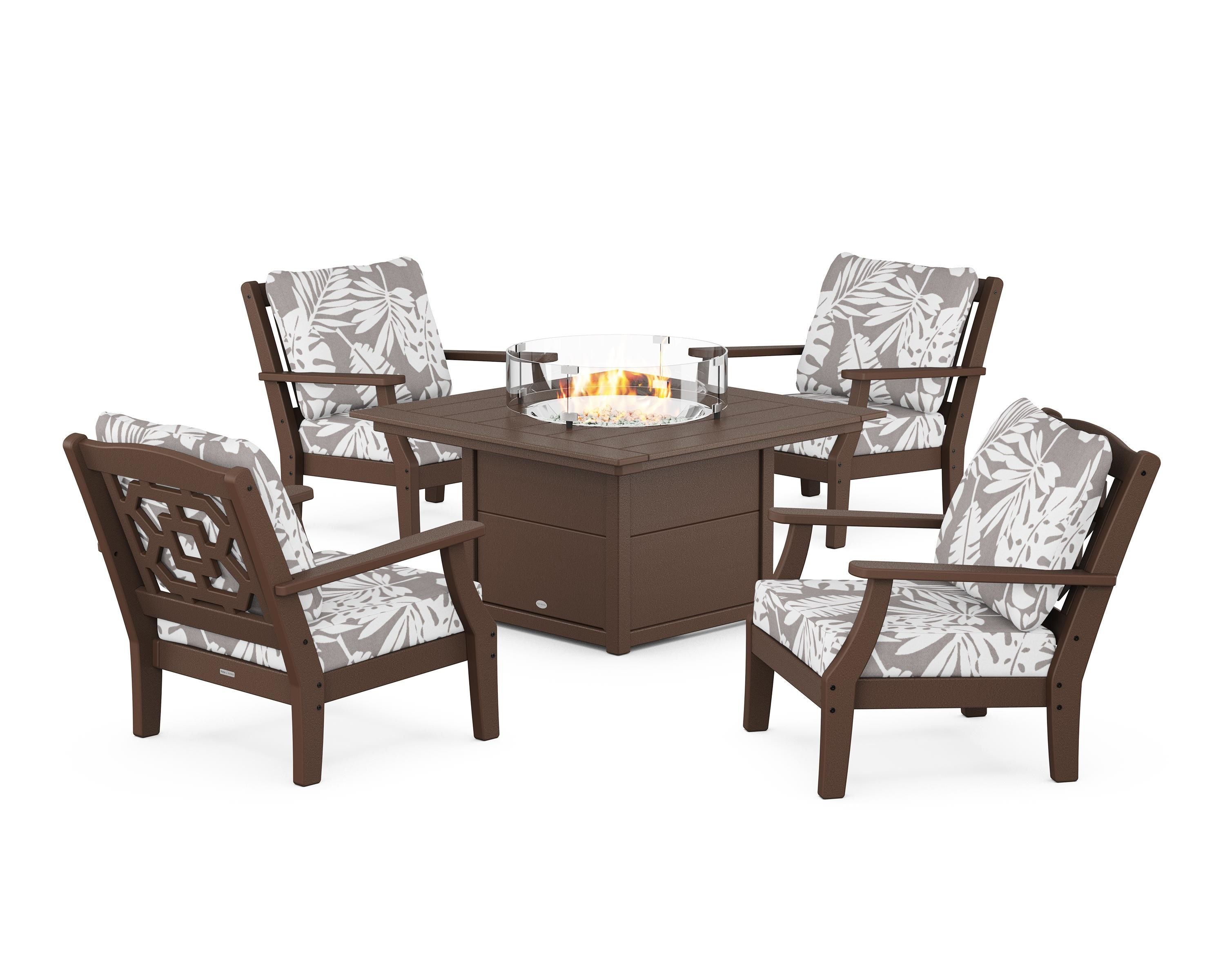 Martha Stewart by POLYWOOD® Chinoiserie 5-Piece Deep Seating Set with Fire Pit Table in Mahogany / Leaf Grey Mist