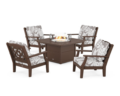 Martha Stewart by POLYWOOD® Chinoiserie 5-Piece Deep Seating Set with Fire Pit Table in Mahogany / Leaf Grey Mist